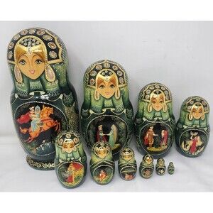 Vtg 10pc Matryoshka 11" Artist Signed Russian A Baba Yaga Tale Nesting Dolls